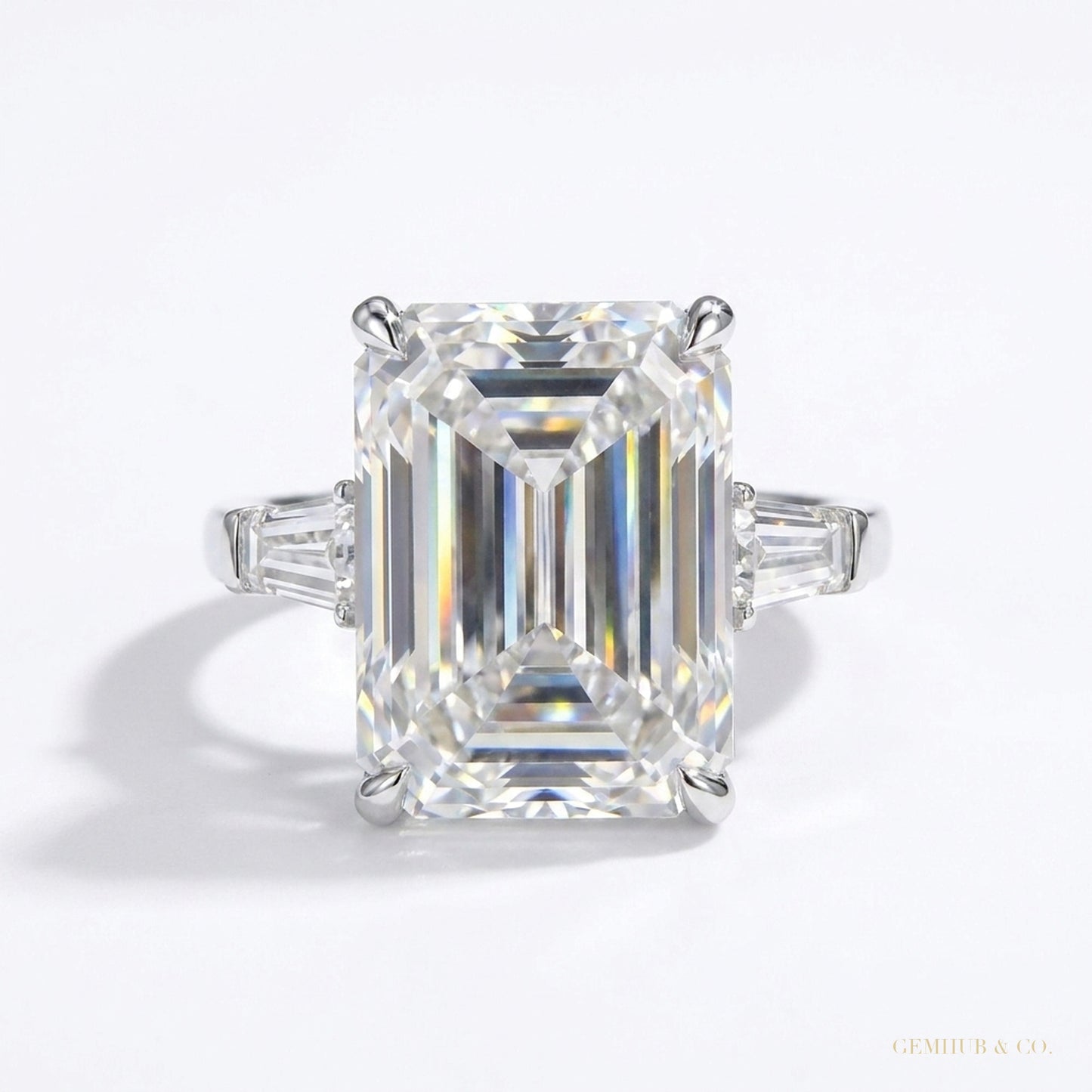 14.50 ct DEW Emerald Cut Off White Moissanite Ring – Bridal Jewelry 18K Gold Plated Ver 18K Gold Plated – white background main image