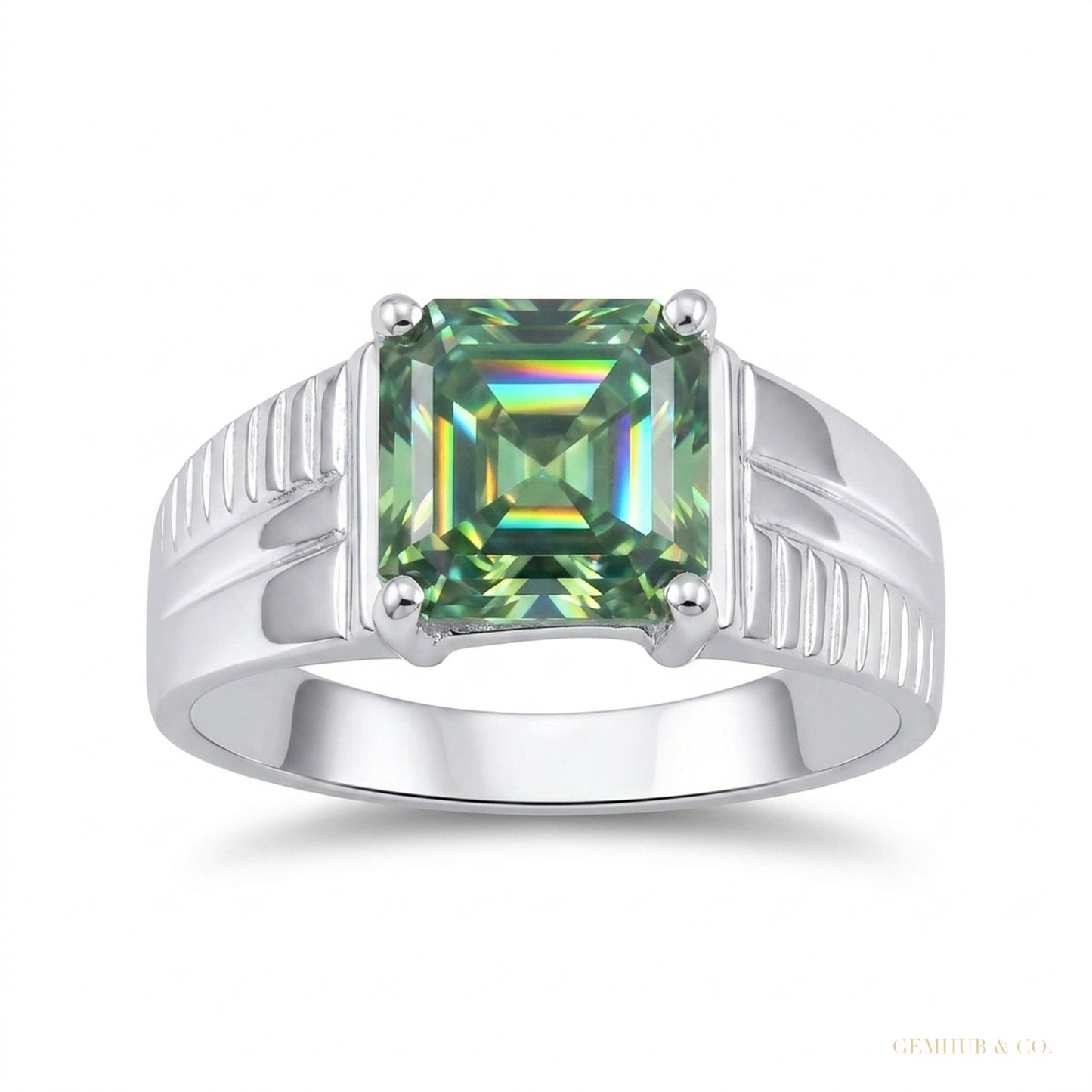2.20 ct DEW Emerald Cut Blue Treated Moissanite Ring in – Certified Gem 18K Gold Plated – white background main image