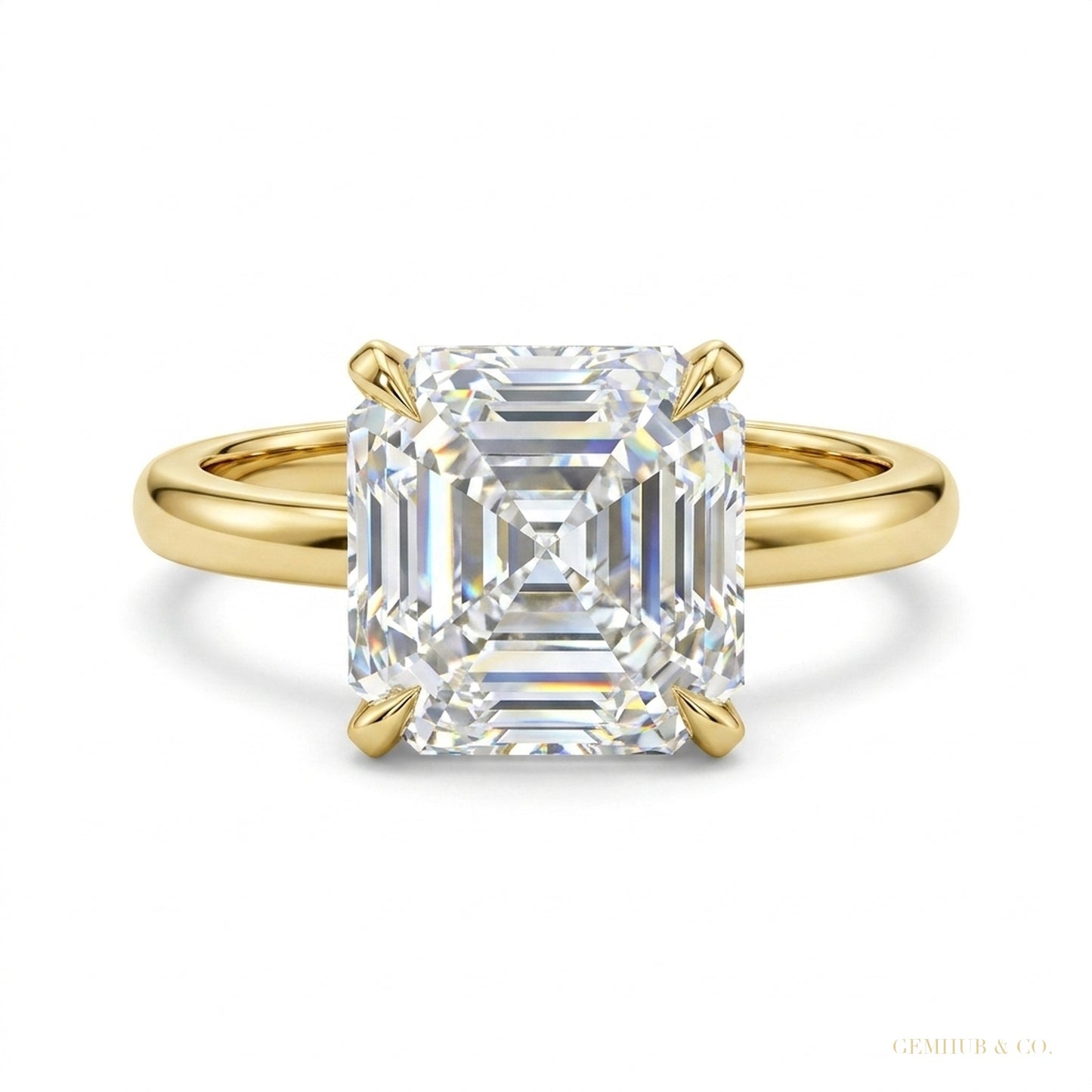 2.80 ct DEW Asscher Cut White Treated Moissanite Solitaire Ring in Cert 18K Gold Plated – white background main image