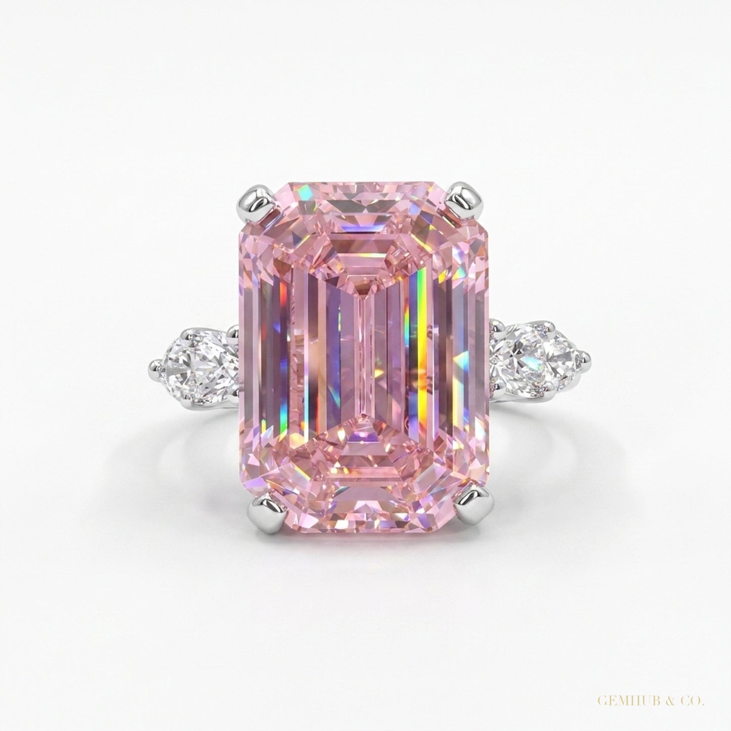 4.70 ct DEW Pink Moissanite Emerald Cut Ring – Wedding Gift for Her 18K Gold Plated Ver 18K Gold Plated – white background main image