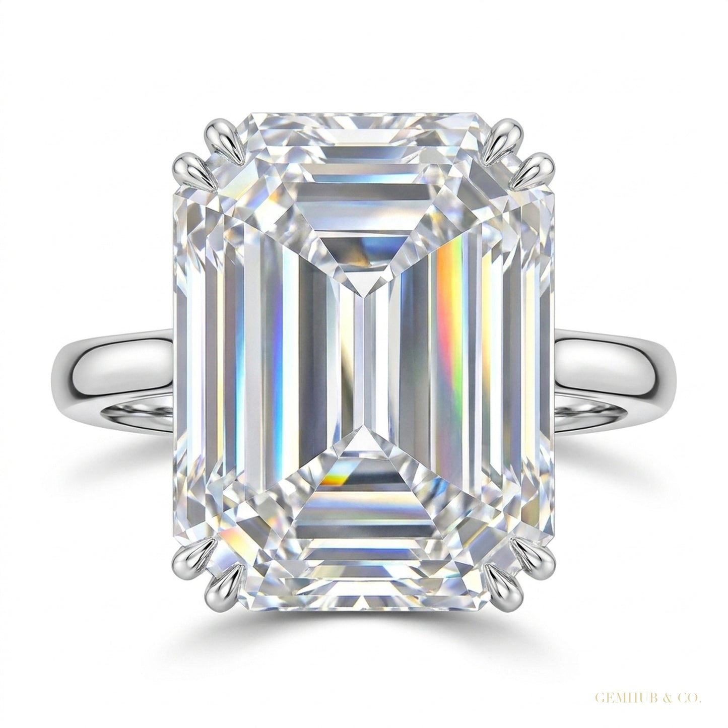 5.30 ct DEW Emerald Cut Certified White Moissanite Soliatire Gold Vermeil Ring – white background main image