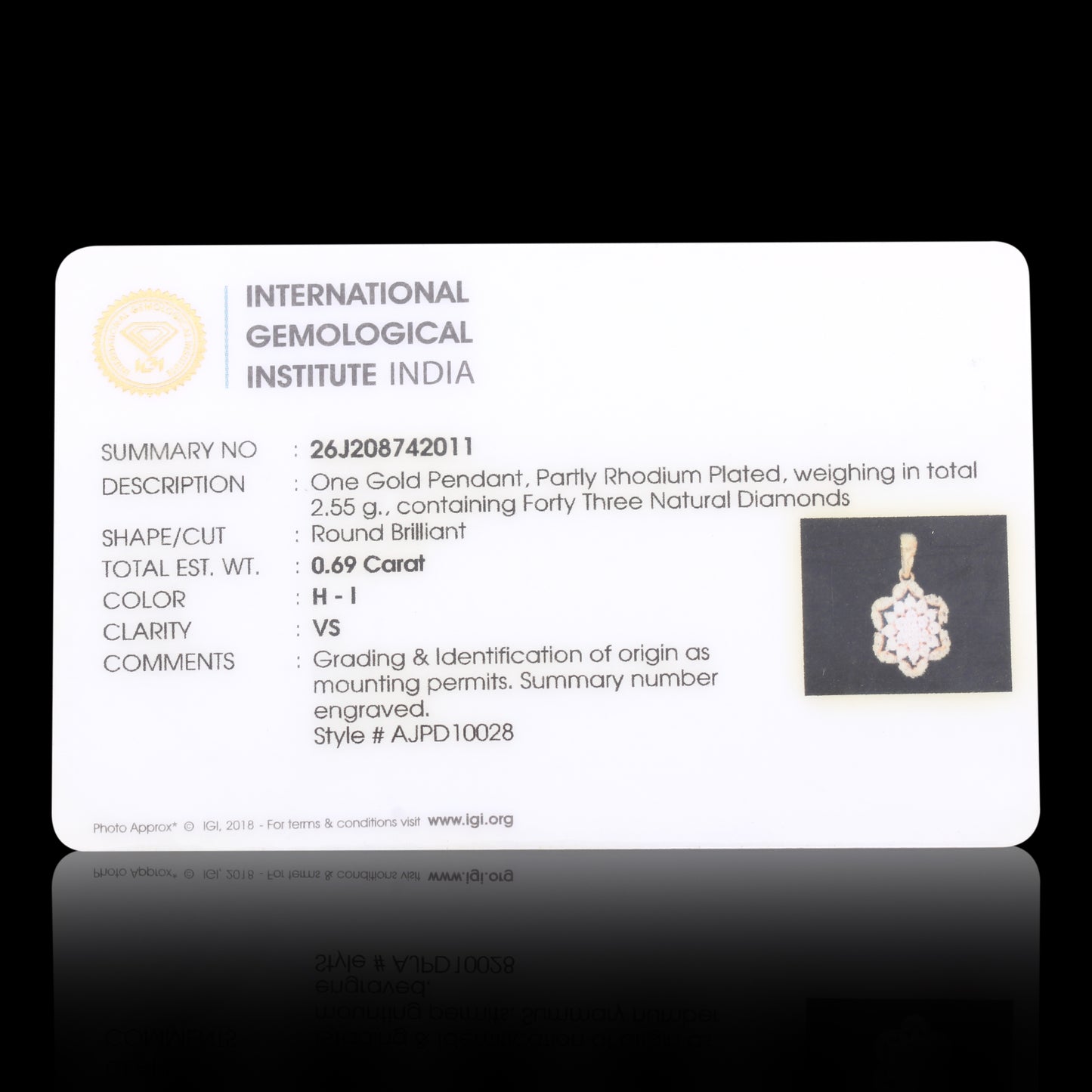 0.69 Ct IGI Certified Natural Diamond Pendant in 18K Gold Jewelry for Women