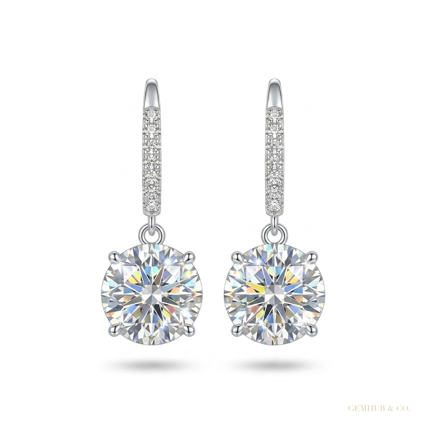 5 ct DEW Round Cut White Moissanite Solitaire Dangler Earrings In Gold Vermeil – white background main image