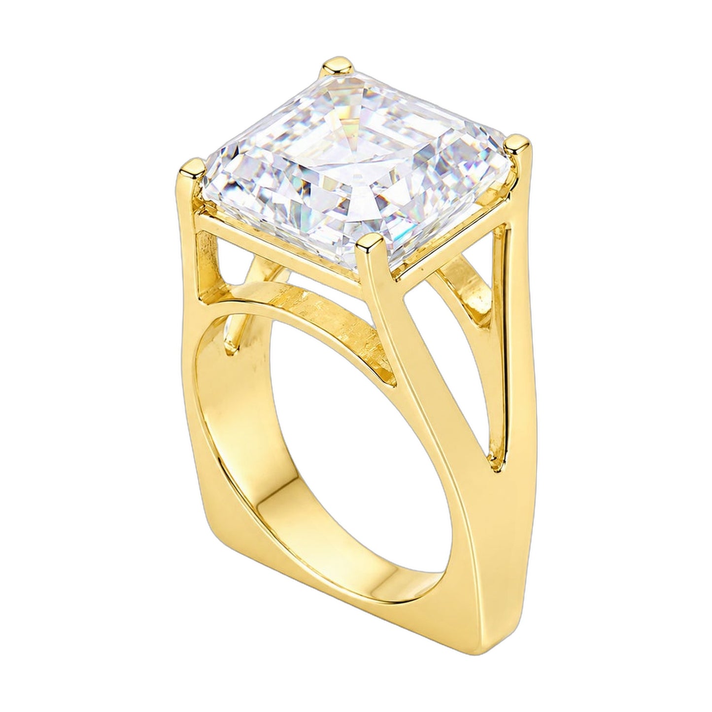 23.5 ct DEW White Moissanite Asscher Solitaire Ring - 18K Gold Vermeil on 925 Sterling Silver