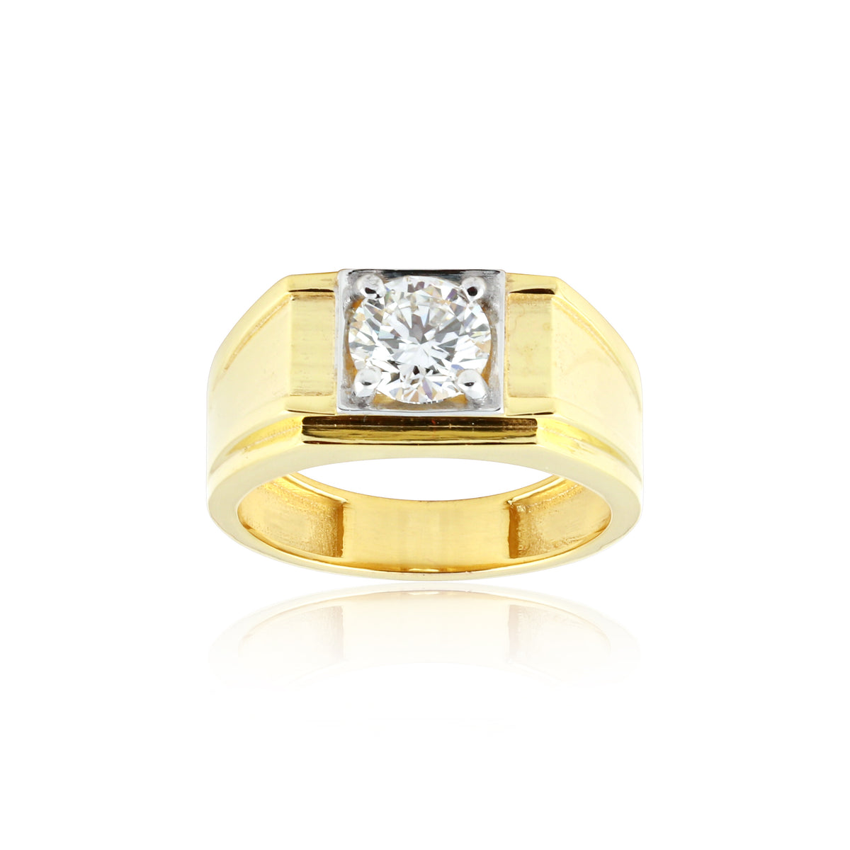 Solid Gold Statement Band Ring with Round Lab Grown Diamond Accent — 14K/18K Solid Gold