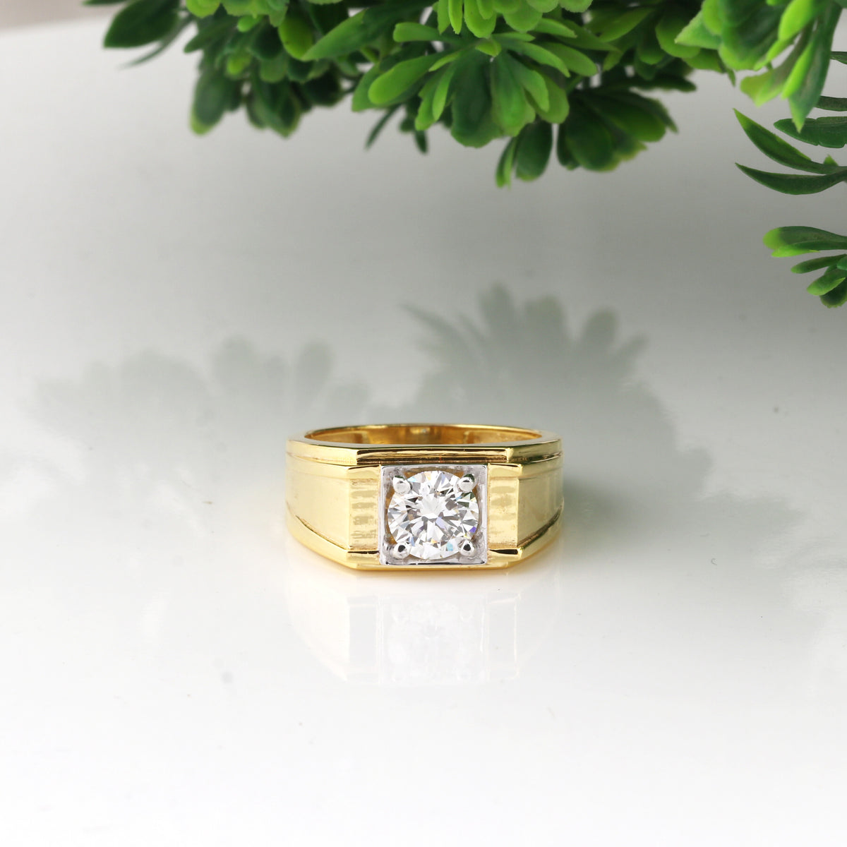 Solid Gold Statement Band Ring with Round Lab Grown Diamond Accent — 14K/18K Solid Gold
