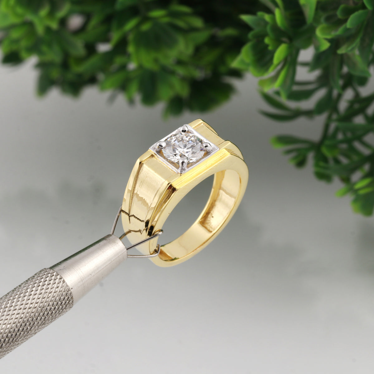 Solid Gold Statement Band Ring with Round Lab Grown Diamond Accent — 14K/18K Solid Gold