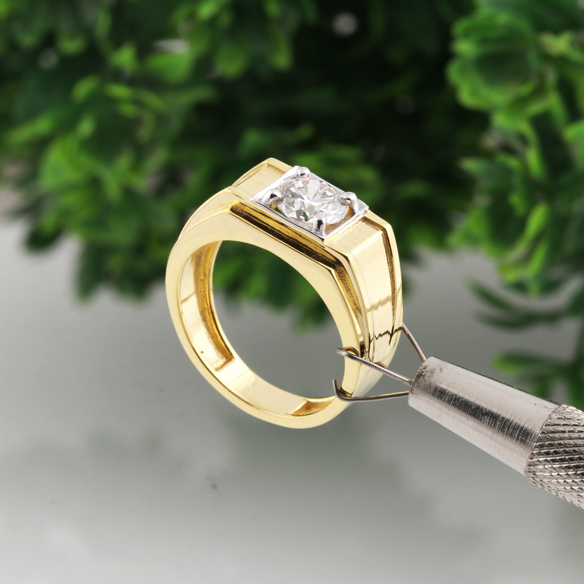 Solid Gold Statement Band Ring with Round Lab Grown Diamond Accent — 14K/18K Solid Gold