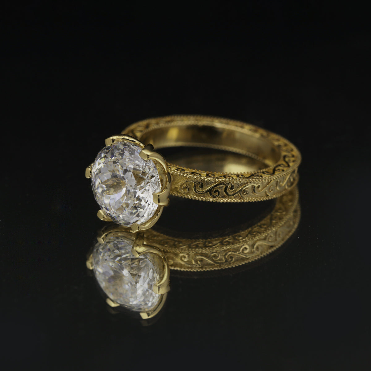 Solid Gold Statement Band Ring with Round Lab Grown Diamond Accent — 18K Solid Gold