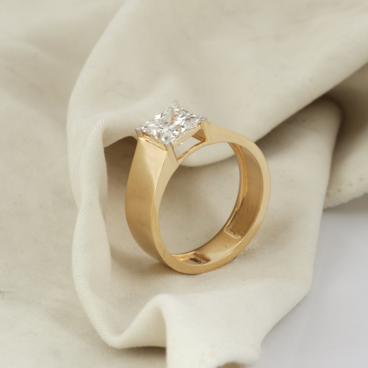 Solid Gold Statement Band Ring with Round Lab Grown Diamond Accent — 18K Solid Gold