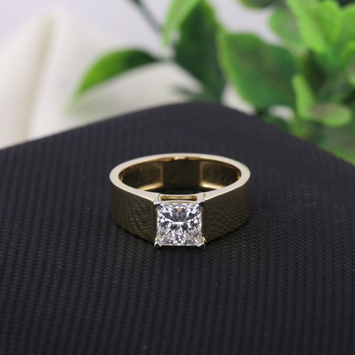 Solid Gold Statement Band Ring with Round Lab Grown Diamond Accent — 18K Solid Gold