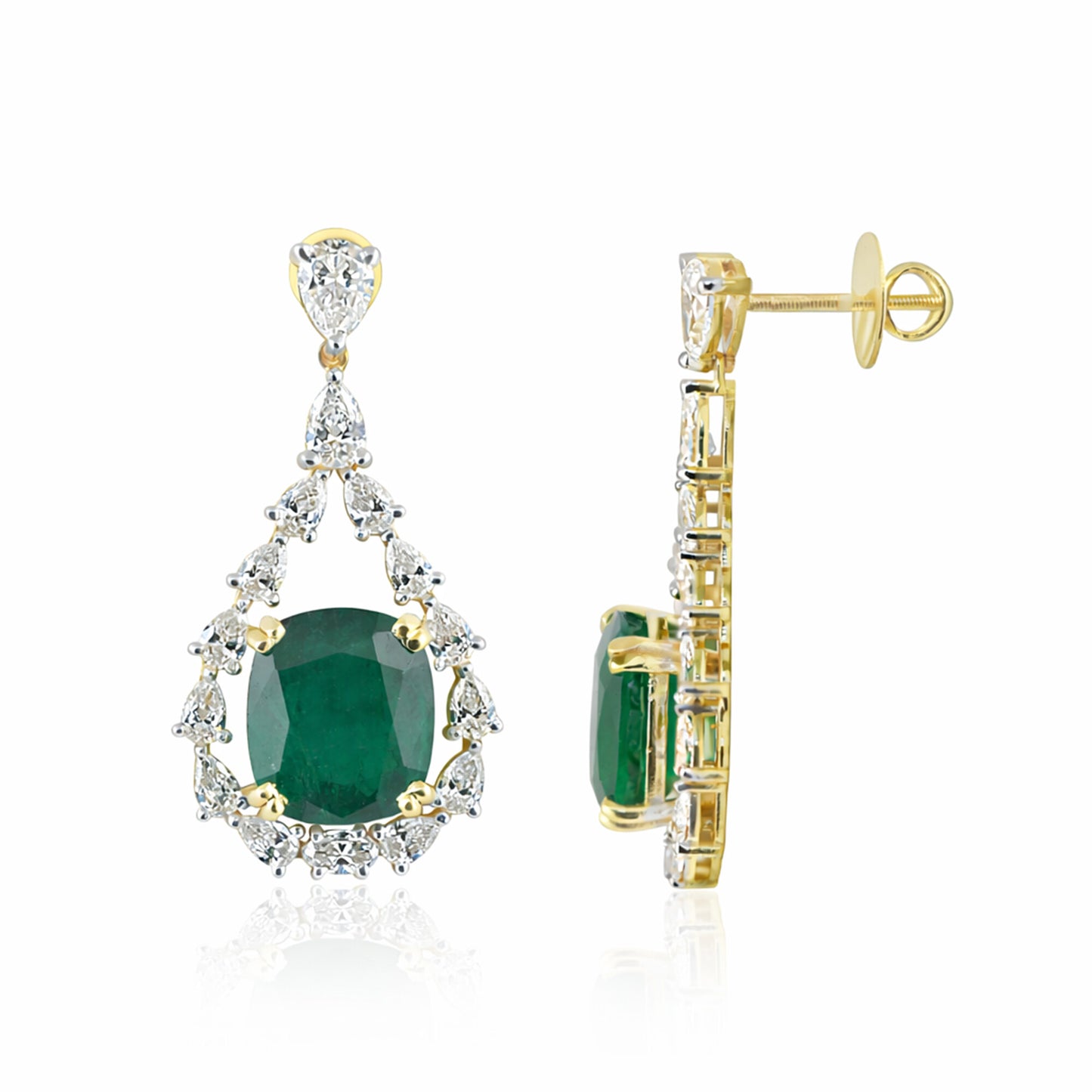 IGI Lab Grown Emerald & Diamond Oval Drop Earrings — Solid Gold, Halo Cluster