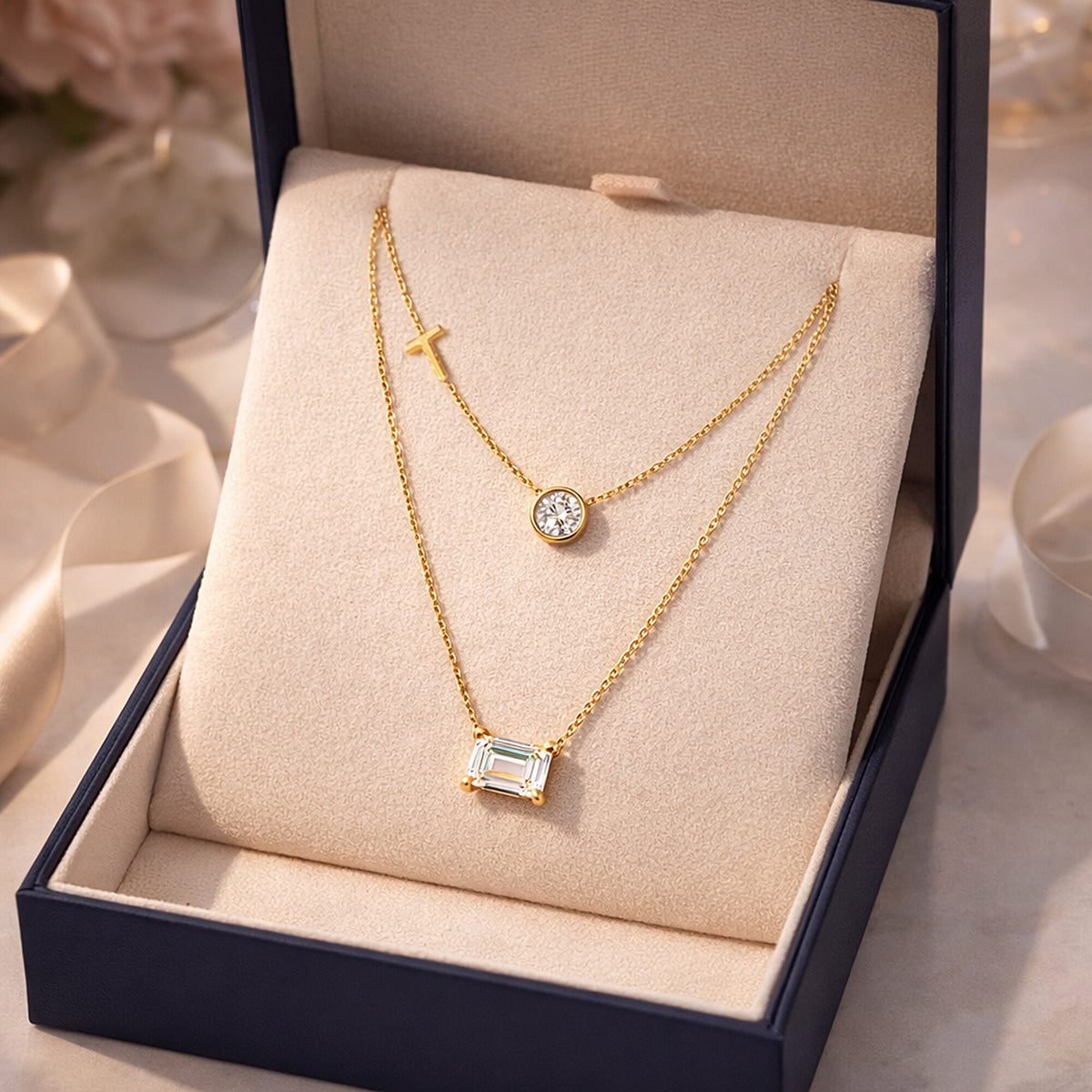 IGI Certified Lab Grown Diamond Mixed-Cut Duo Pendant Necklace — 14K/18K Solid Gold, Adjustable Chain