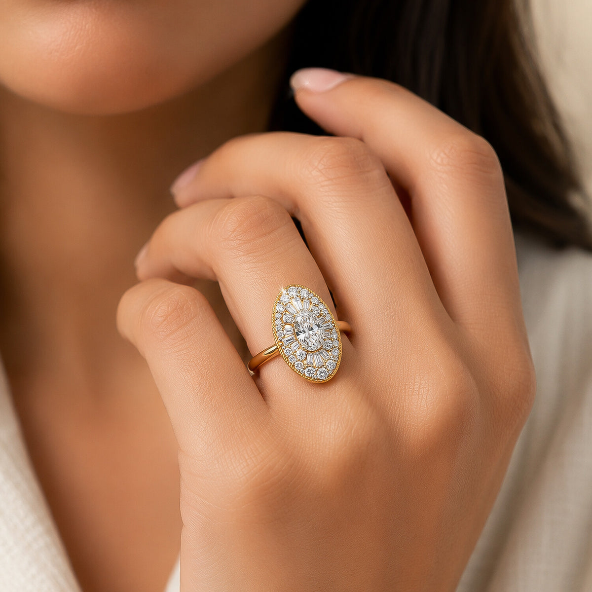 IGI Certified Lab Grown Diamond 0.98ct Fancy-Cut Halo Cluster Ring — 14K/18K Solid Gold