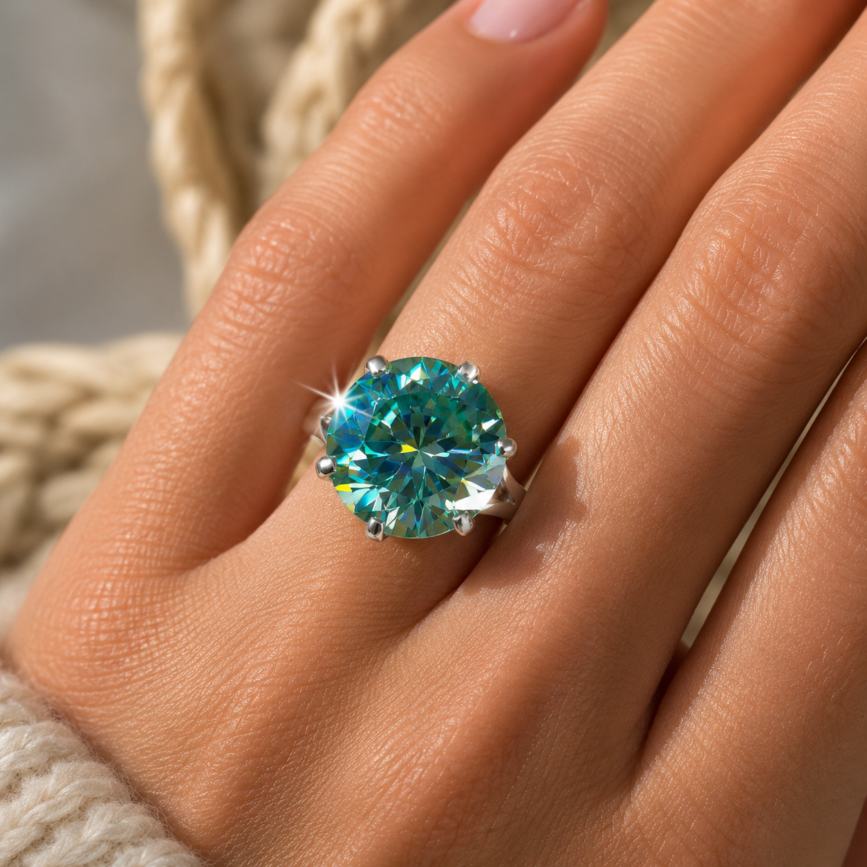 17.2ct DEW Blue Moissanite Round Solitaire Ring