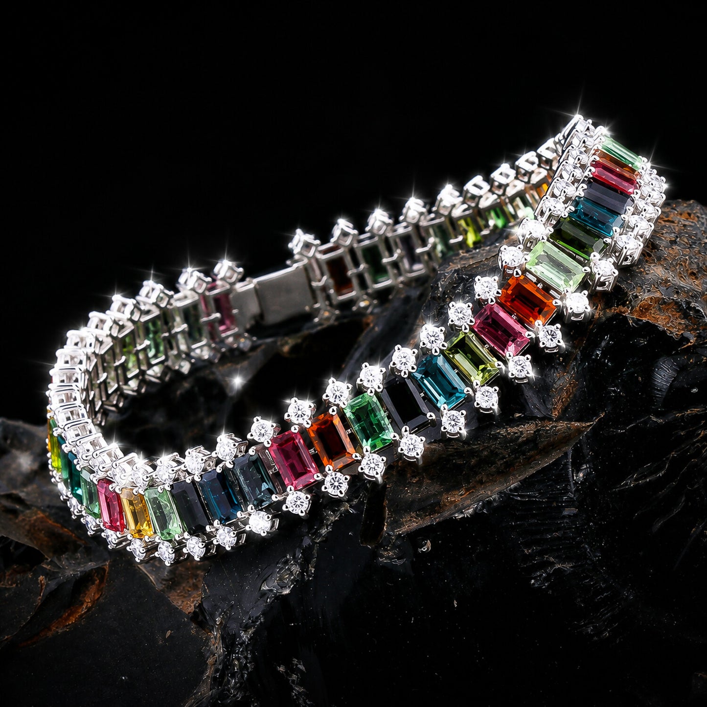 IGI Certified Lab Grown Sapphire Emerald-Cut Rainbow Statement Bracelet — 14K/18K Solid Gold
