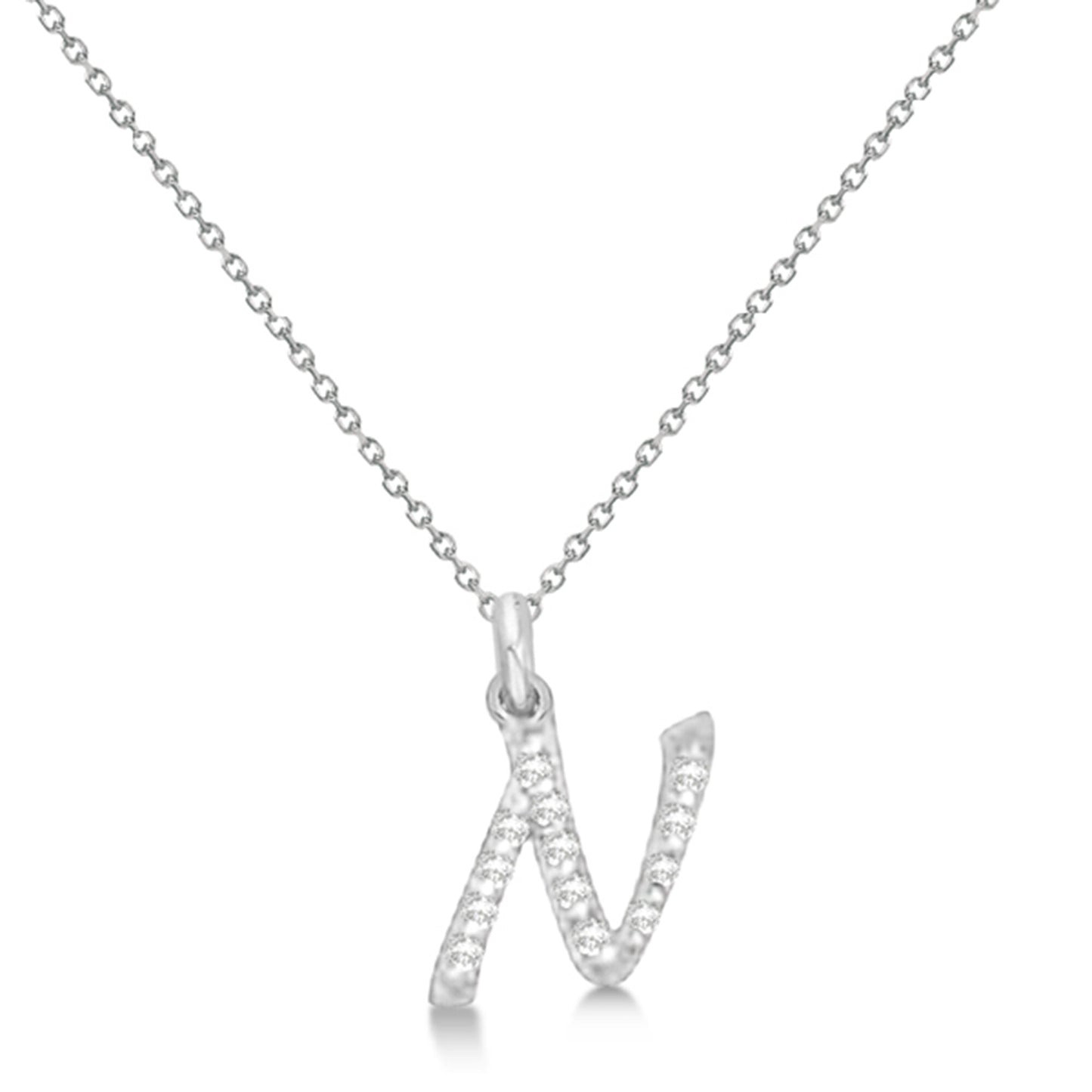 Natural Diamond Initial Letter N Pendant, White Gold - Detail View