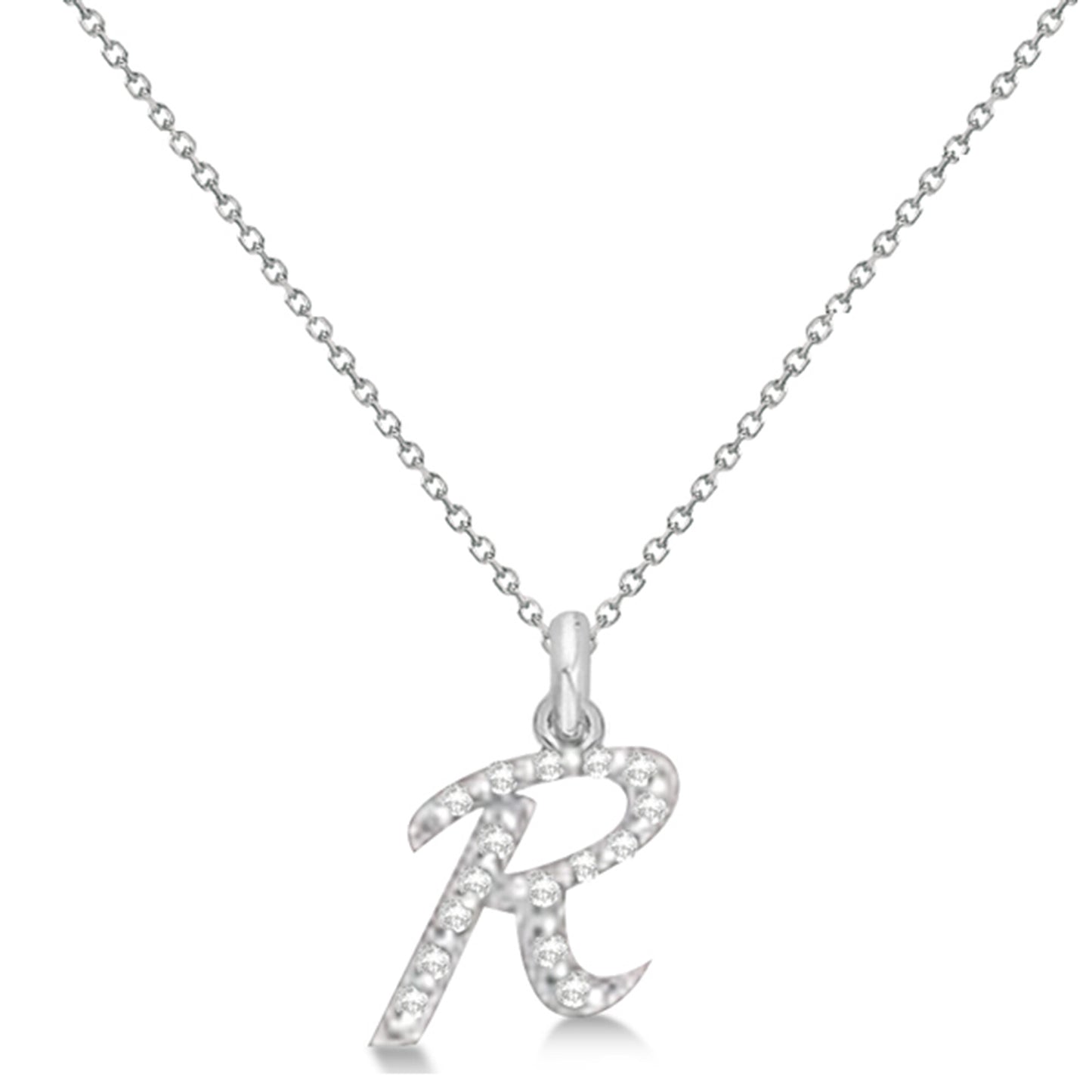 Natural Diamond Initial Letter R Pendant, White Gold - Detail View