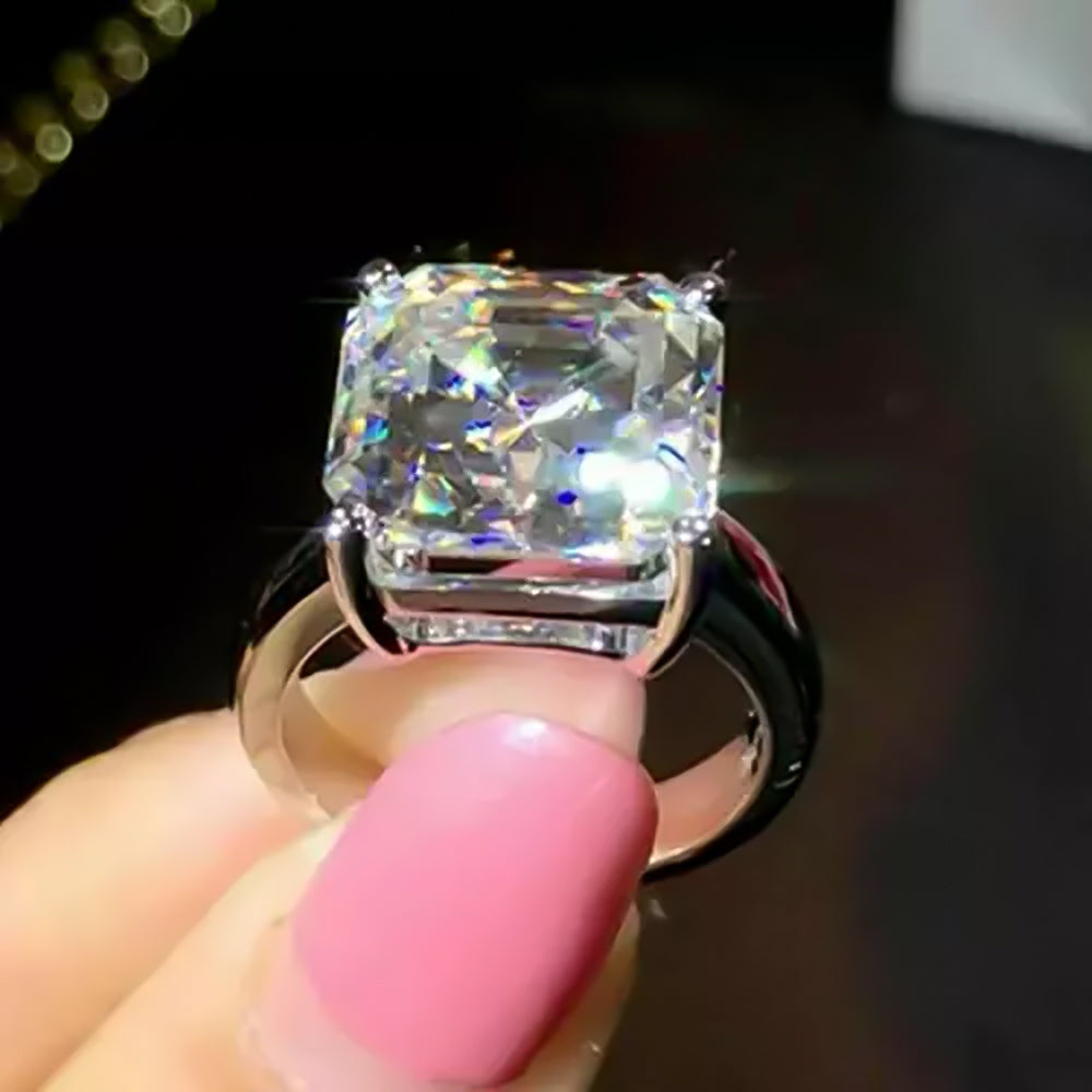 16.1 ct DEW White Moissanite Asscher Solitaire Ring - 18K Gold Vermeil on 925 Sterling Silver