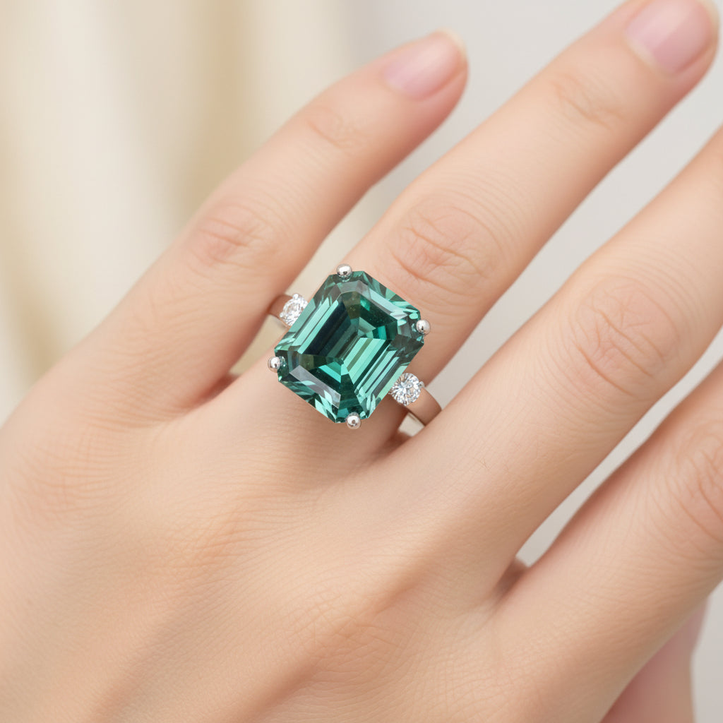 7.8 ct DEW Blue Moissanite Emerald Solitaire Ring - 18K Gold Vermeil on 925 Sterling Silver