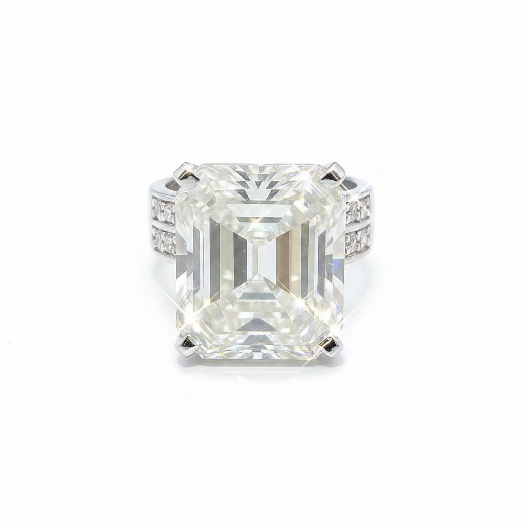 12.65 Ct White Moissanite Emerald Solitaire Ring - 925 Sterling Silver Gold Vermeil