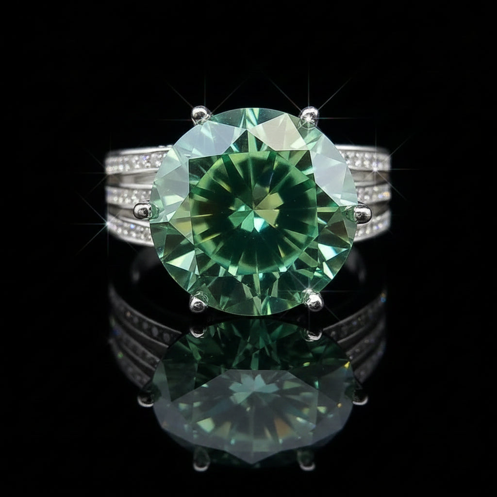 10.5 ct DEW Blue Moissanite Round Solitaire Ring - 18K Gold Vermeil on 925 Sterling Silver