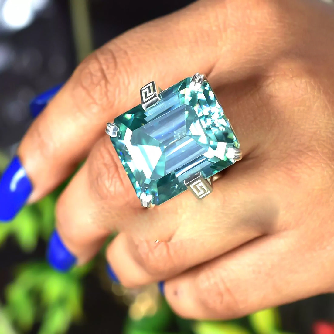 18.6 Ct Blue Moissanite Emerald Solitaire Ring - 925 Sterling Silver Gold Vermeil