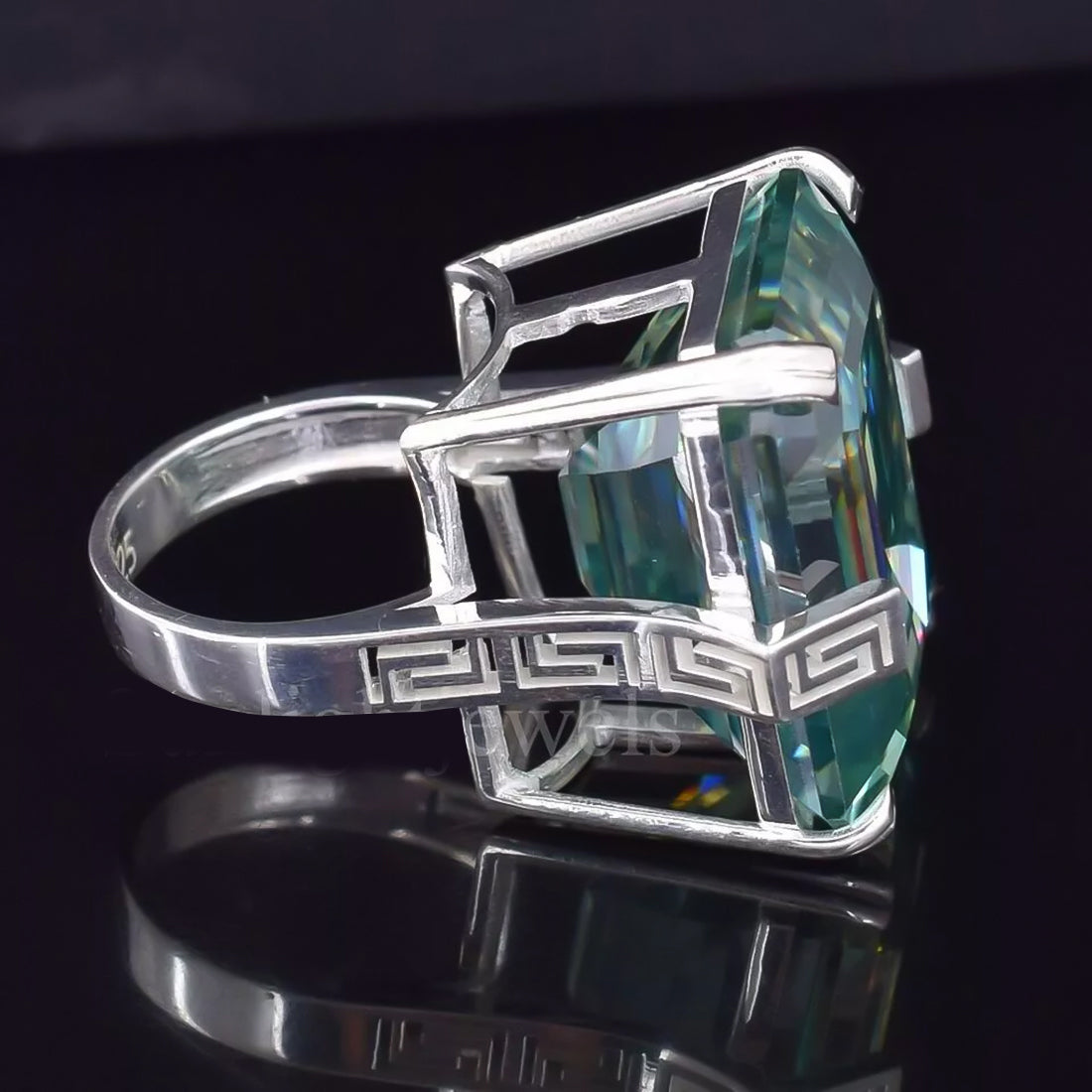 18.6 Ct Blue Moissanite Emerald Solitaire Ring - 925 Sterling Silver Gold Vermeil