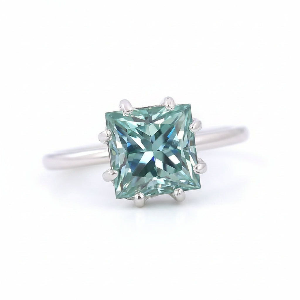 5.5 ct DEW Blue Moissanite Princess Solitaire Ring - 18K Gold Vermeil on 925 Sterling Silver