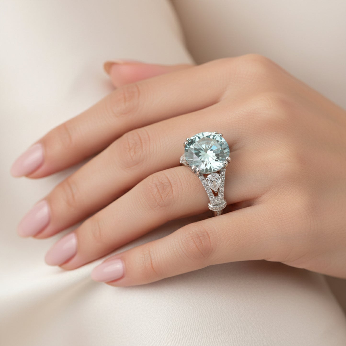 8.5 ct DEW Blue Moissanite Round Solitaire Ring - 18K Gold Vermeil on 925 Sterling Silver
