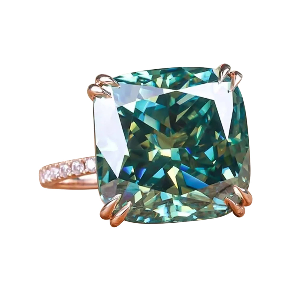 13.3 ct DEW Blue Moissanite Cushion Solitaire Ring - 18K Gold Vermeil on 925 Sterling Silver