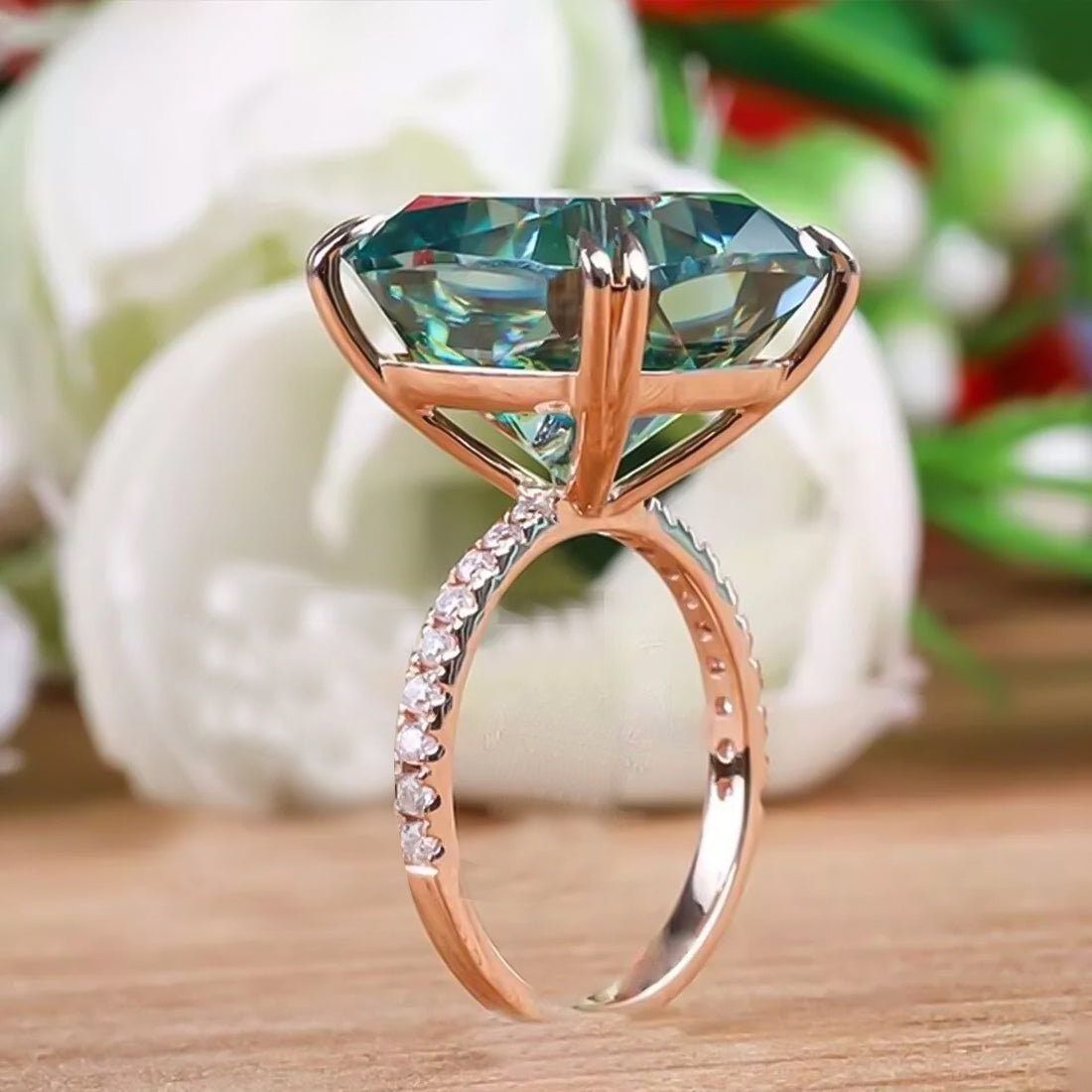 13.3 ct DEW Blue Moissanite Cushion Solitaire Ring - 18K Gold Vermeil on 925 Sterling Silver