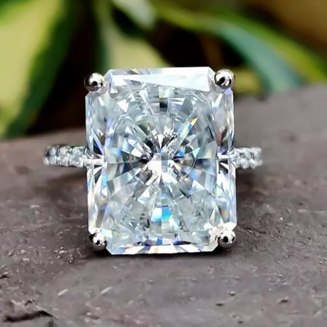 14.6 ct DEW White Moissanite Radiant Solitaire Ring - 18K Gold Vermeil on 925 Sterling Silver