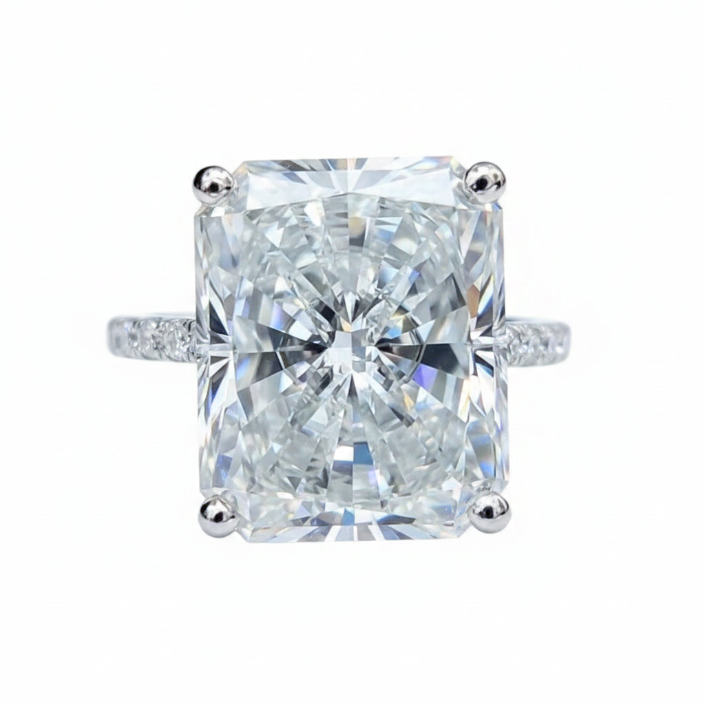 14.6 ct DEW White Moissanite Radiant Solitaire Ring - 18K Gold Vermeil on 925 Sterling Silver