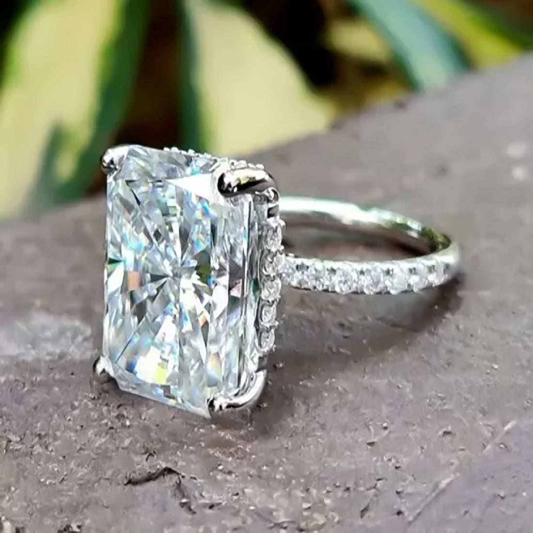 14.6 ct DEW White Moissanite Radiant Solitaire Ring - 18K Gold Vermeil on 925 Sterling Silver