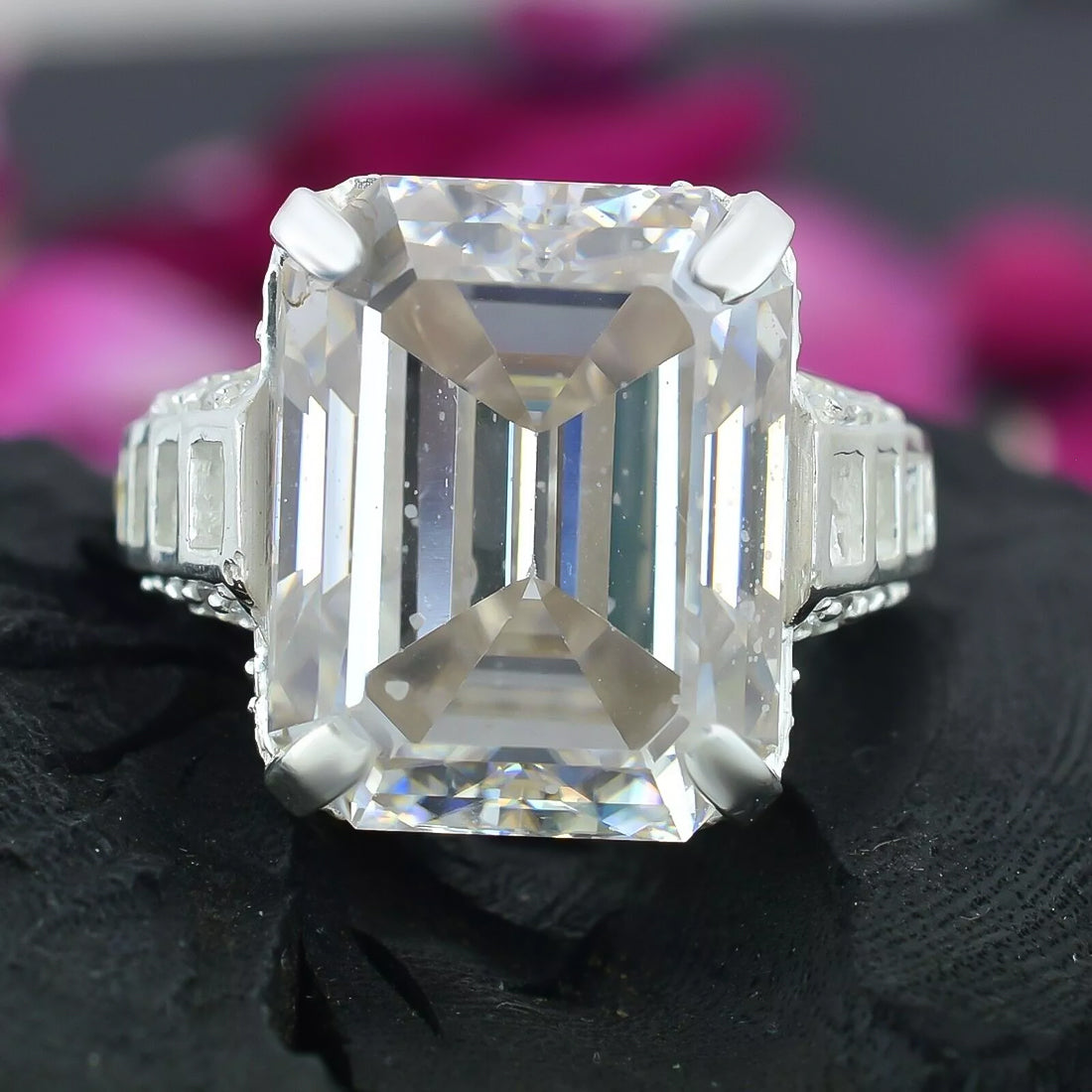 25.5 ct DEW White Moissanite Emerald Solitaire Ring - 18K Gold Vermeil on 925 Sterling Silver