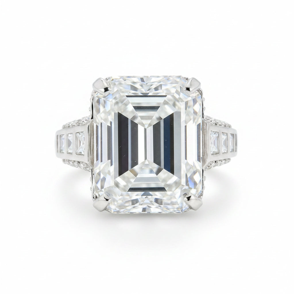 25.5 ct DEW White Moissanite Emerald Solitaire Ring - 18K Gold Vermeil on 925 Sterling Silver