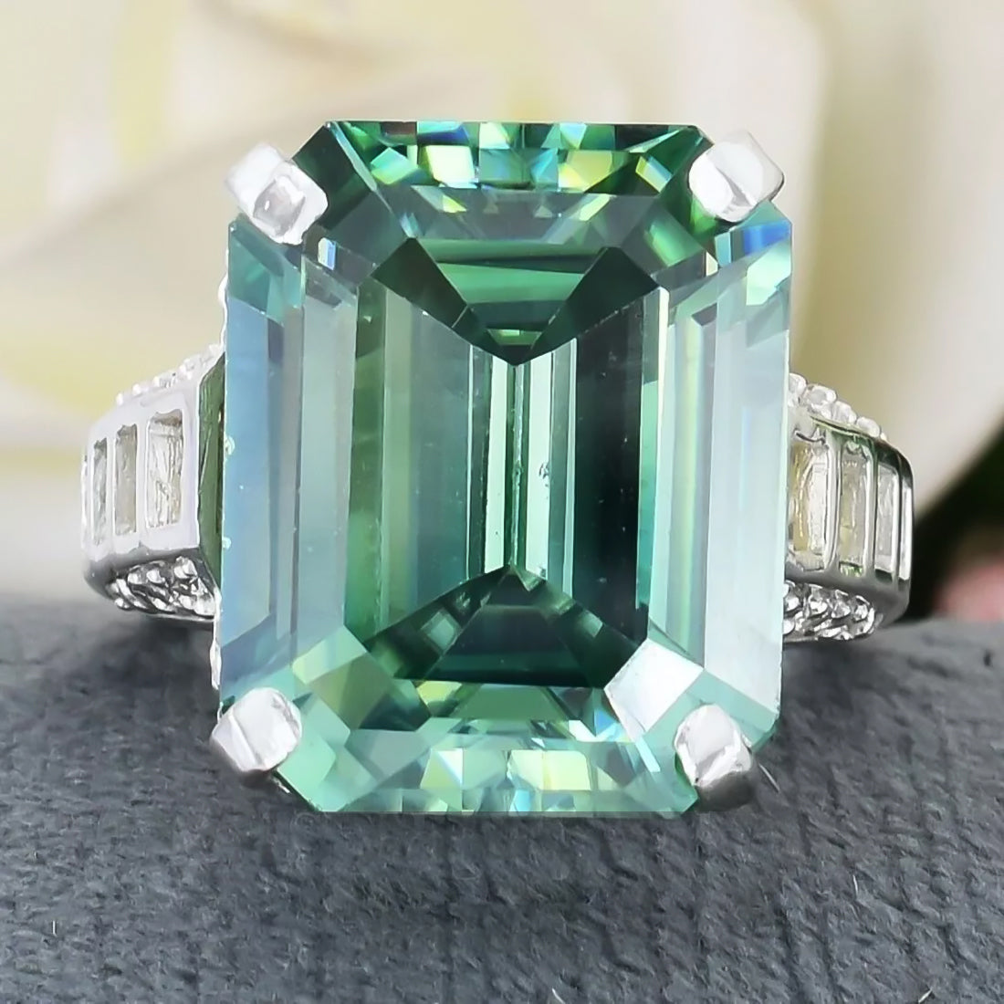 19.5ct DEW Blue Moissanite Emerald Solitaire Ring
