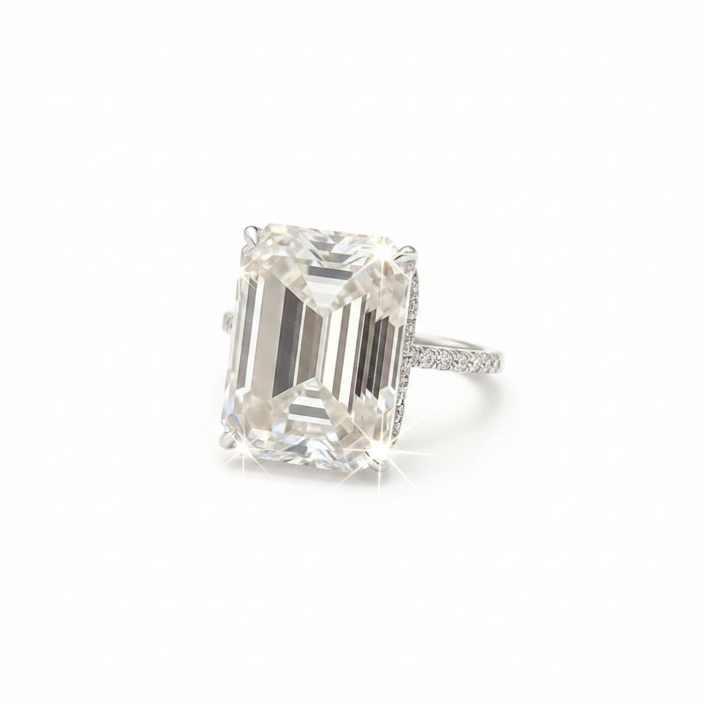 18.65 Ct White Moissanite Emerald Solitaire Ring - 925 Sterling Silver Gold Vermeil