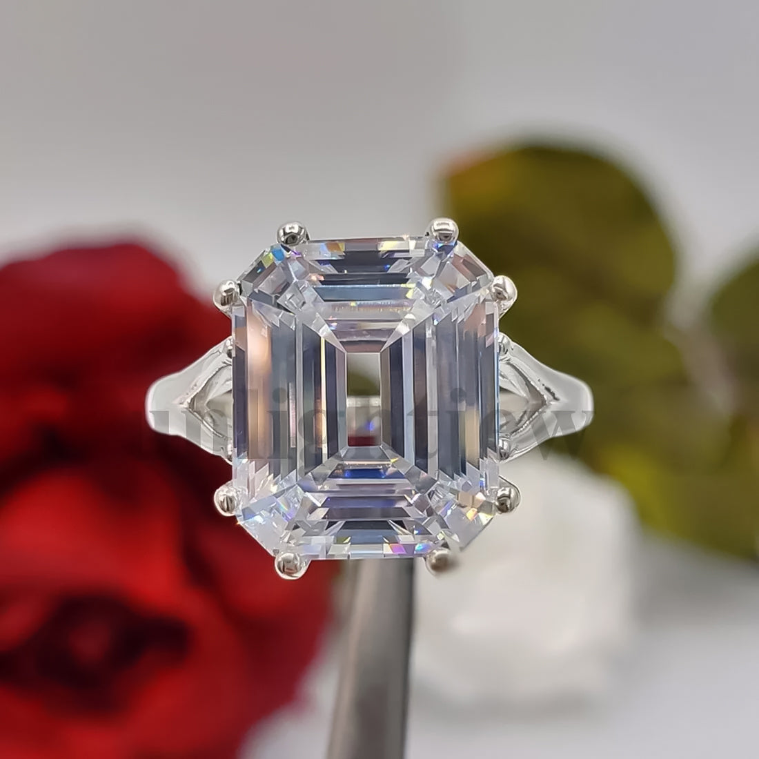 9.25 ct DEW White Moissanite Emerald Solitaire Ring - 18K Gold Vermeil on 925 Sterling Silver