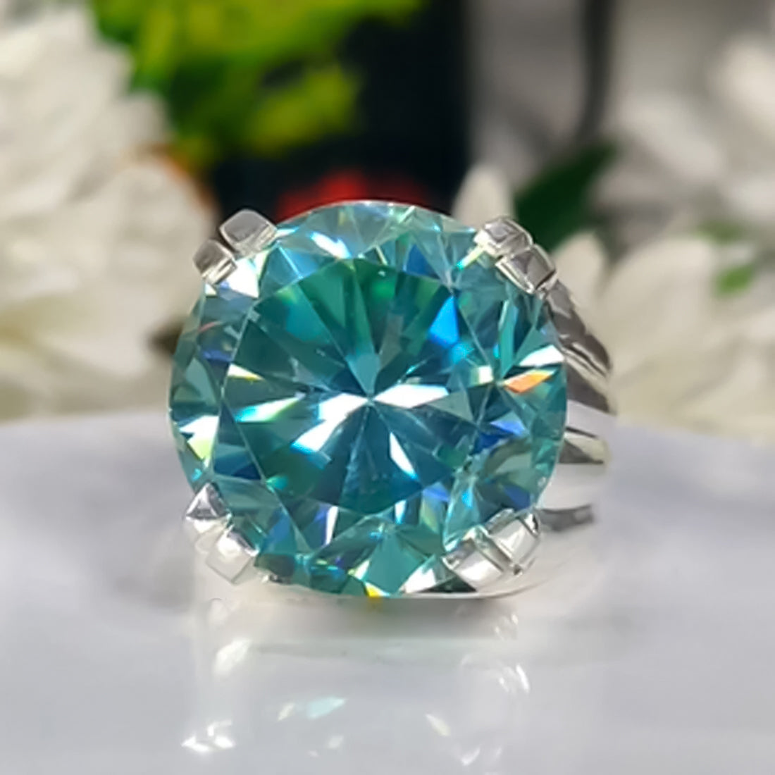 11.75 ct DEW Certified Round Cut Blue Moissanite Solitaire Ring 18K Gold Plated