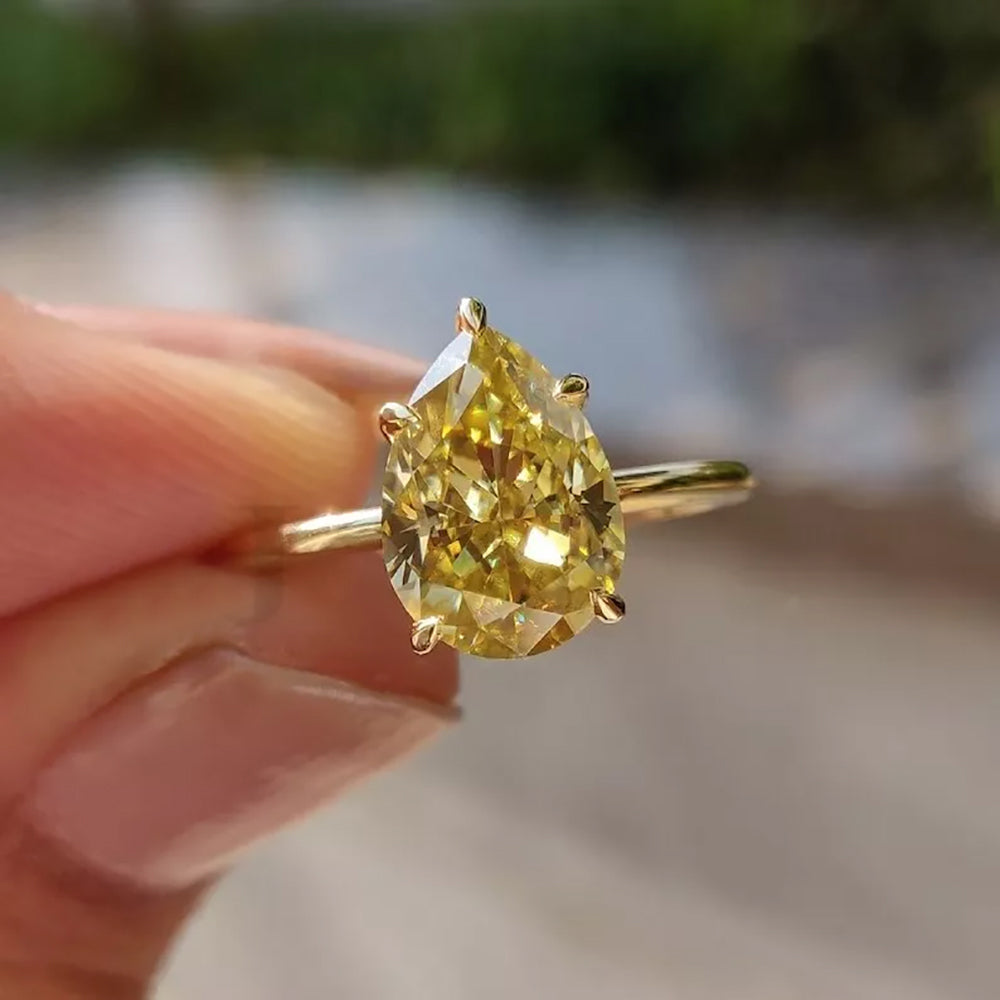 9.3 Ct Champagne Moissanite Pear Solitaire Ring - 925 Sterling Silver Gold Vermeil