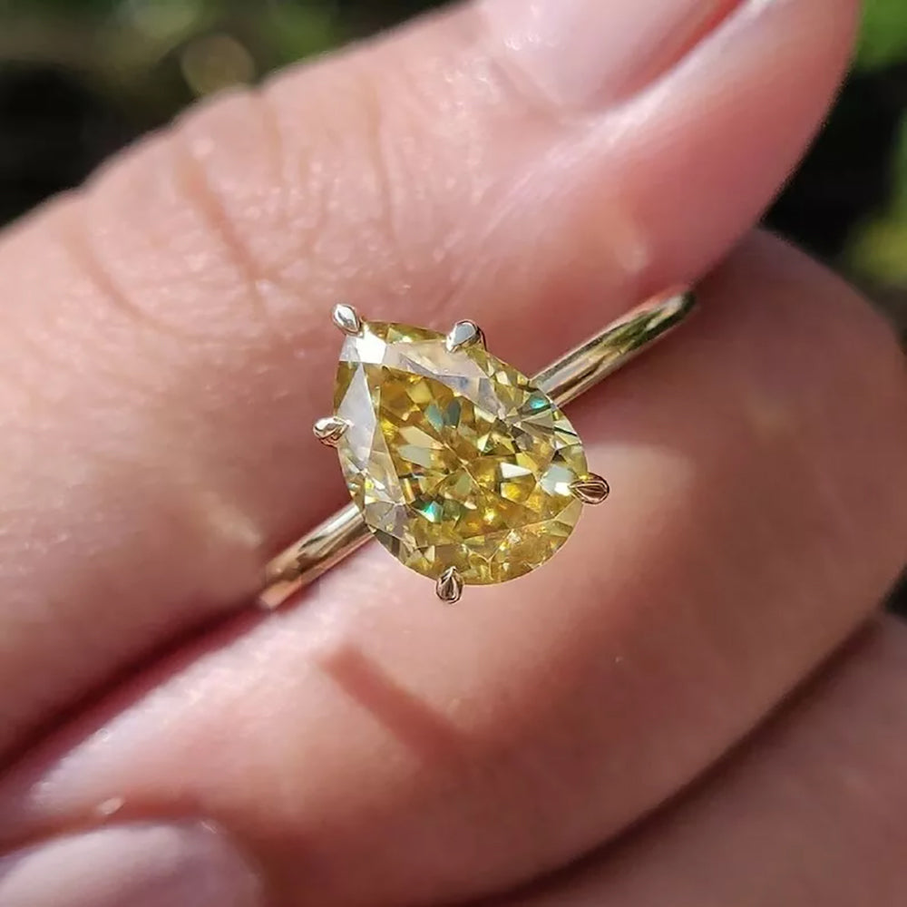 9.3 Ct Champagne Moissanite Pear Solitaire Ring - 925 Sterling Silver Gold Vermeil