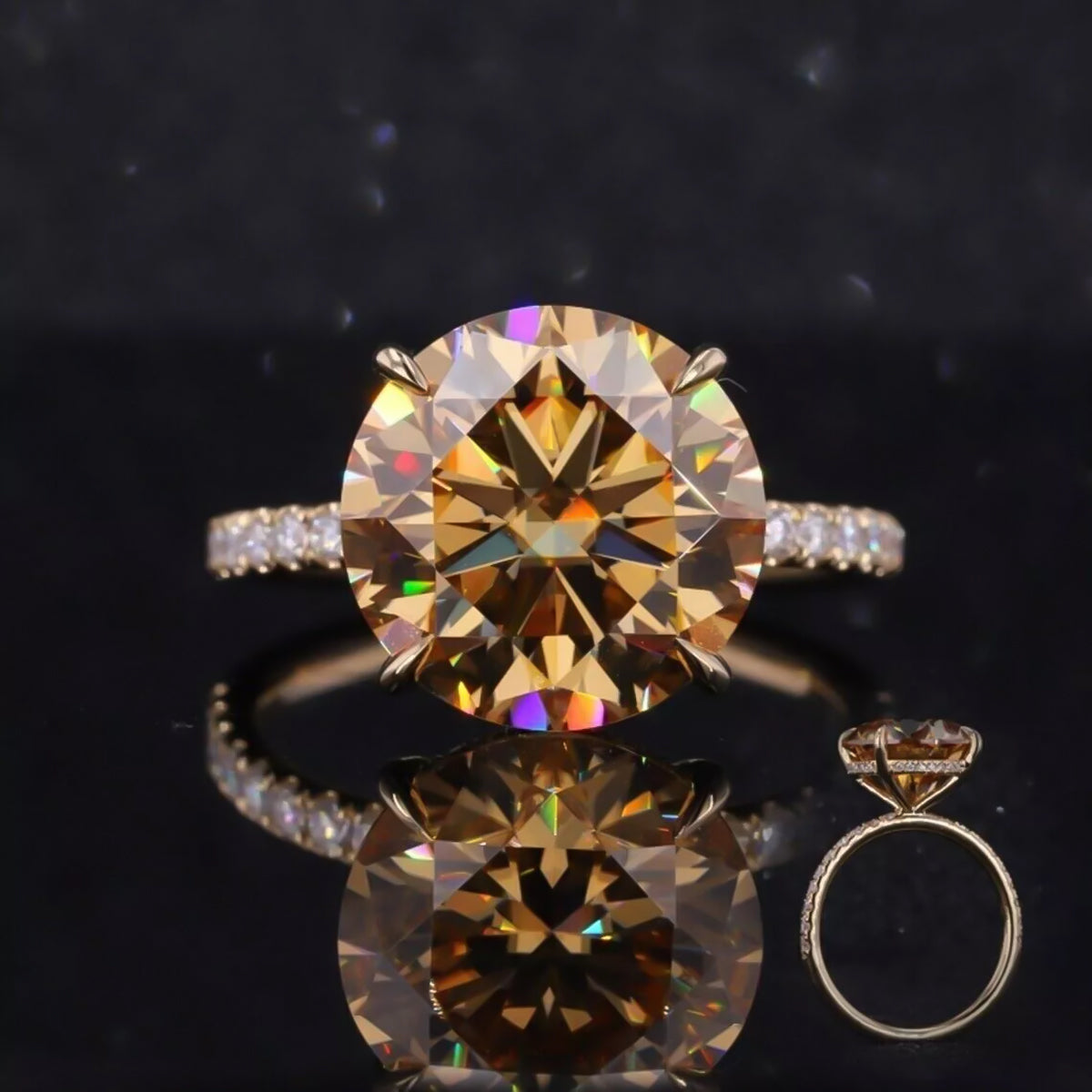 4 ct DEW Certified Round Cut Champagne Moissanite Ring With Accents Wedding 18K Gold Plated