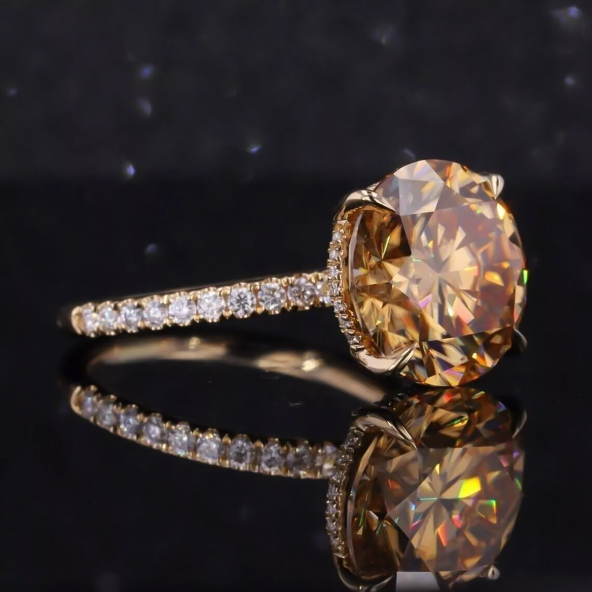 4 ct DEW Certified Round Cut Champagne Moissanite Ring With Accents Wedding 18K Gold Plated