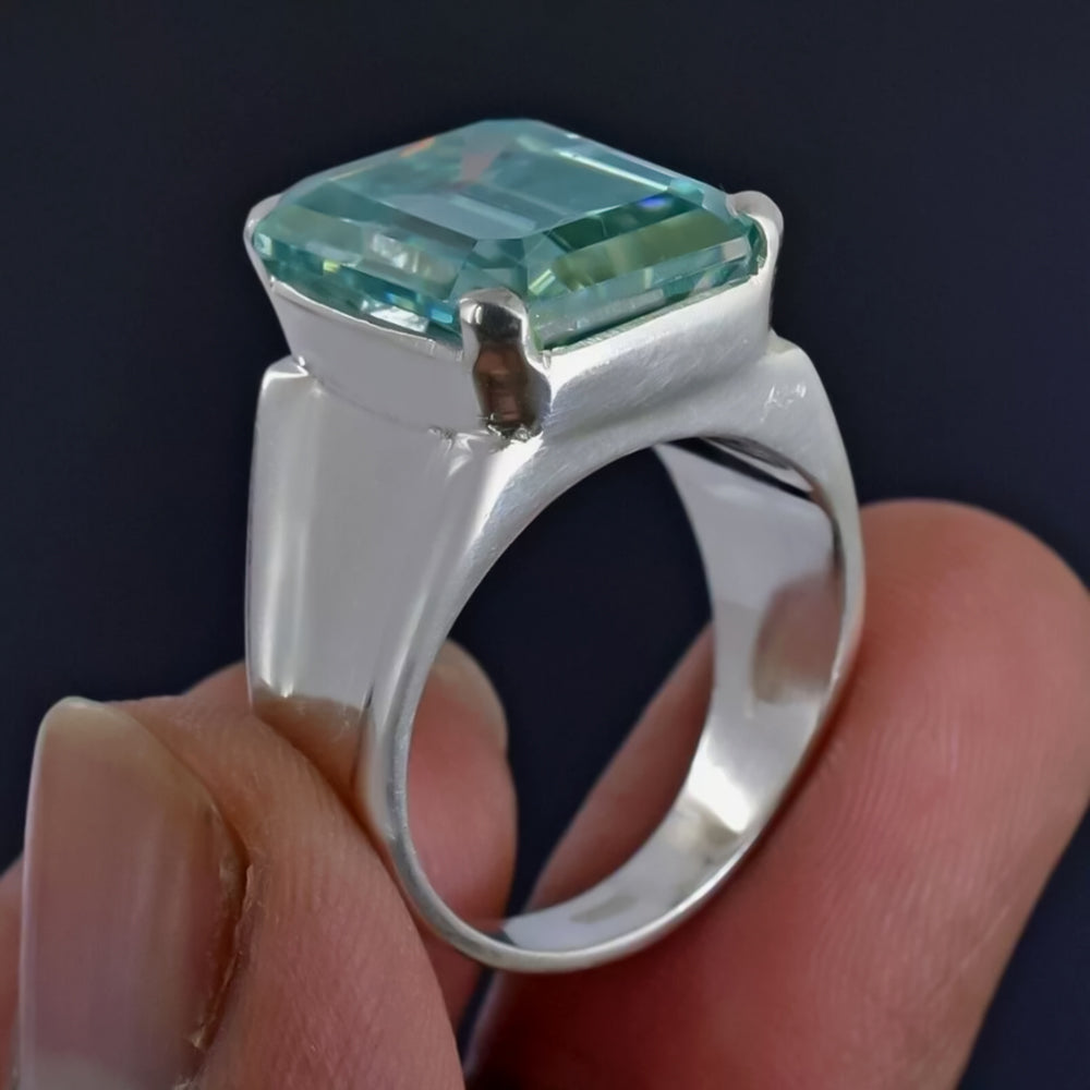 9.5 Ct Blue Moissanite Emerald Solitaire Ring - 925 Sterling Silver Gold Vermeil