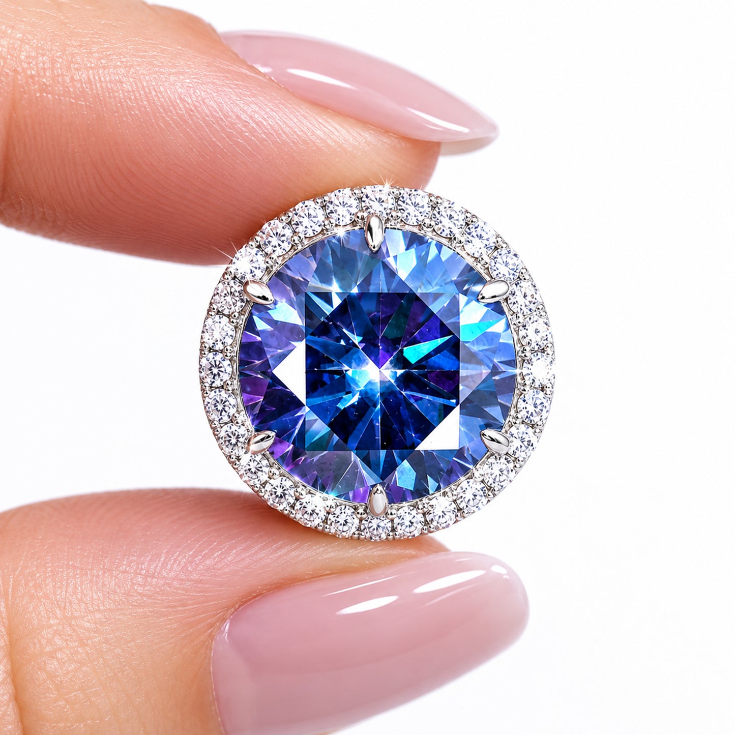 20.00ct DEW Blue Moissanite Round Pendant Necklace
