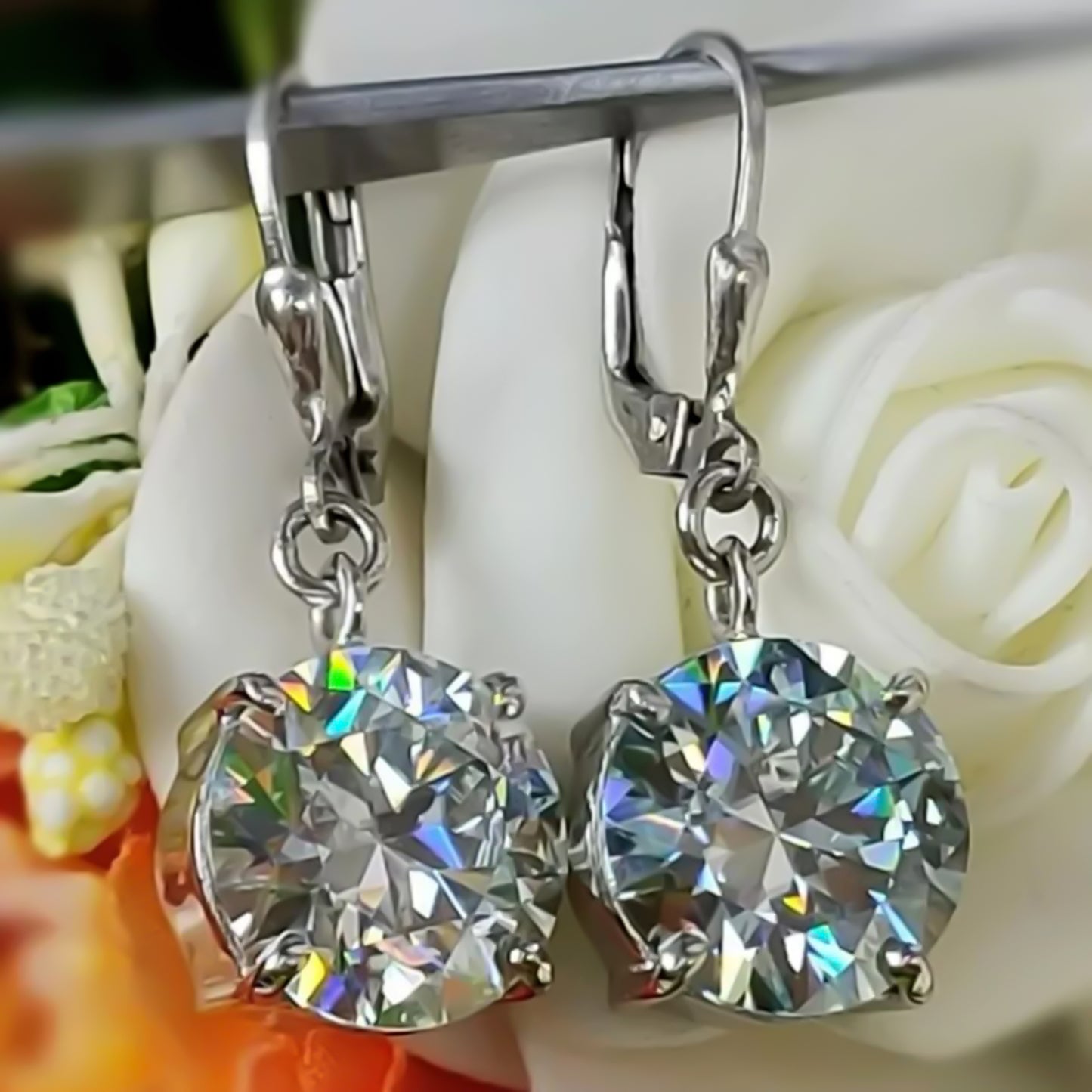 8 ct DEW Treated White Moissanite Dangler Earrings Gold Vermeil Certified Jewelry