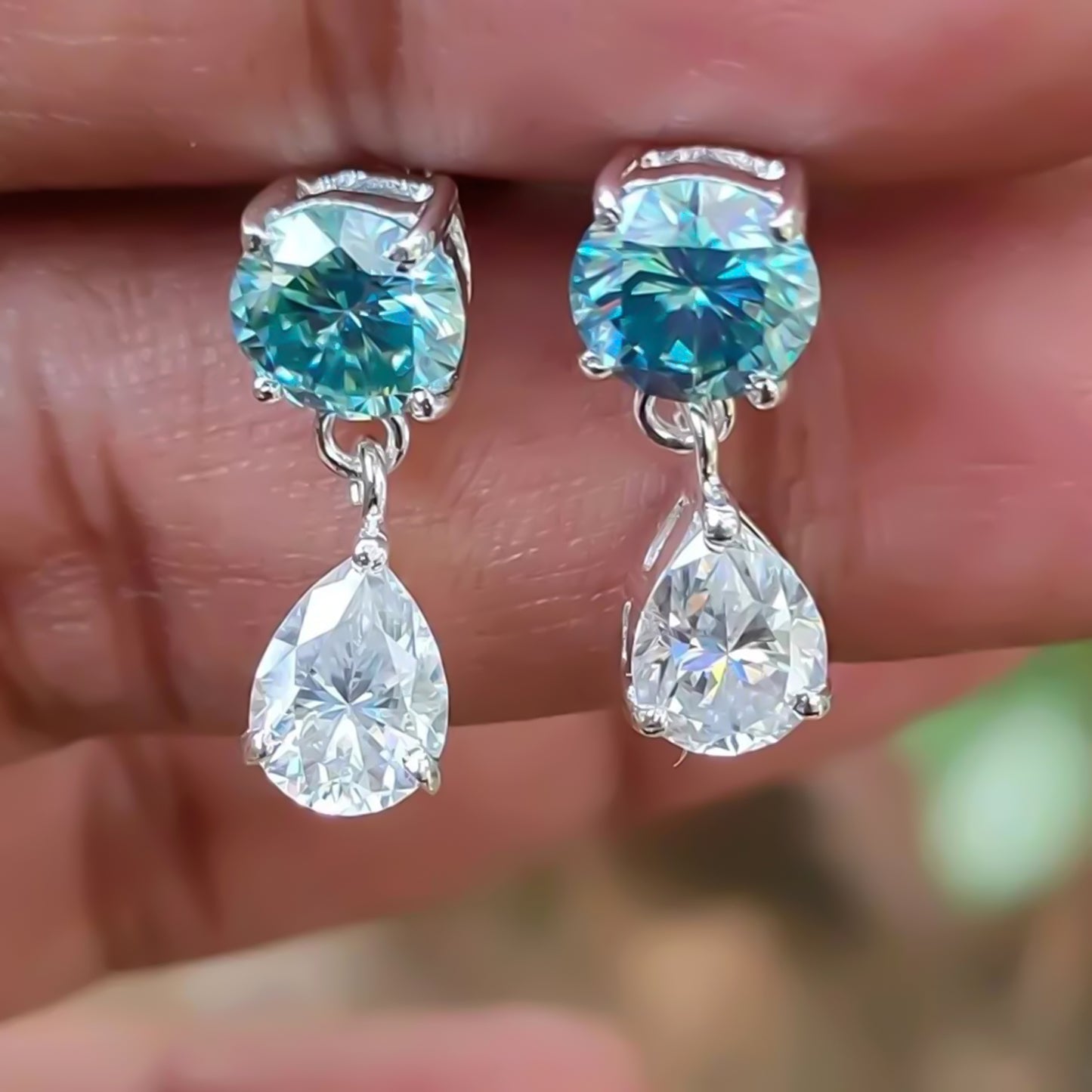 6.50 ct DEW Blue & White Moissanite Dangle Earrings Gold Vermeil – Summer Sale Gift