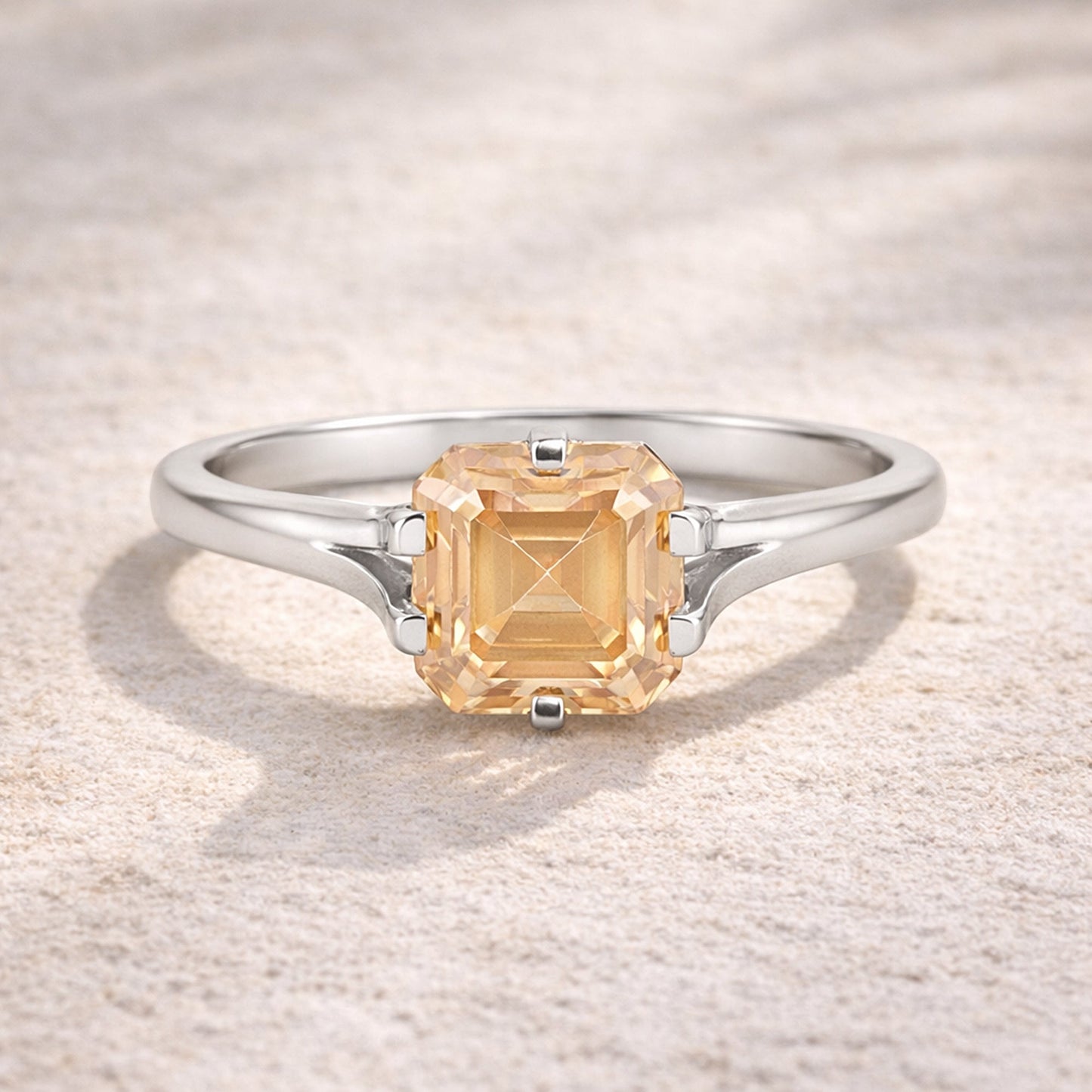 Side profile of champagne diamond ring on gold vermeil four-prong setting